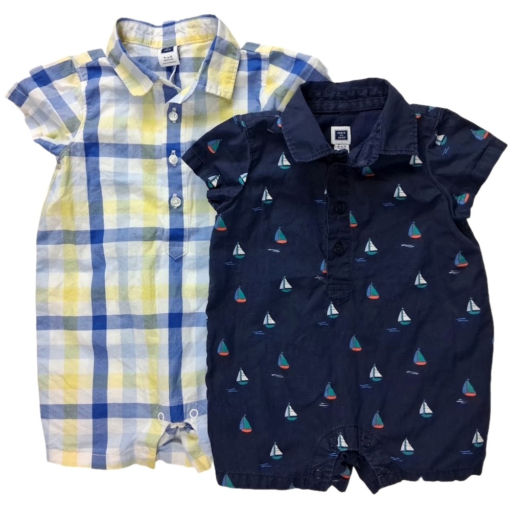 Janie & Jack Baby Boy 0 3 6 Mos Collared Romper Lot Sailboat Plaid Shortall Blue